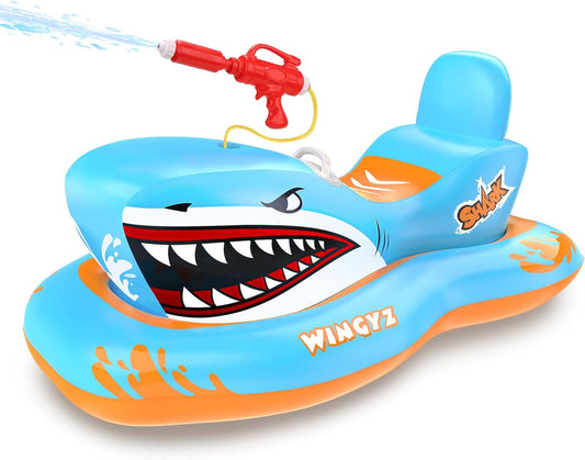 Inflatable Pool Floats for Kids with Built-In Water Gun, Swimming Pool Float Toys Boat for Toddlers, Shark Shaped Ride-On Pool Floaties for Boys Girls Aged 3-12 for Summer Pool Beach  wingyz   