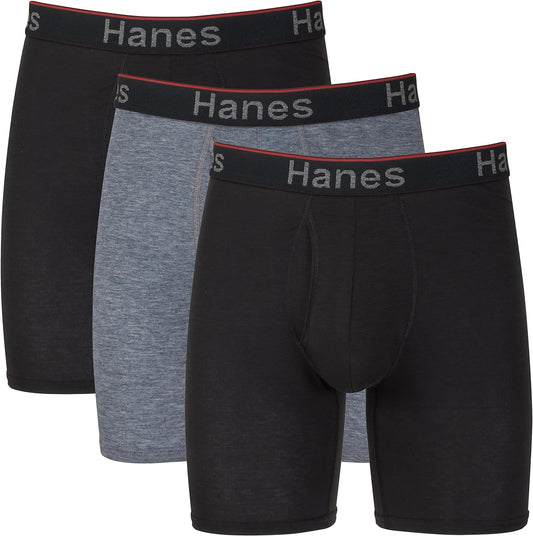 Hanes Total Support Pouch Men'S Boxer Brief Underwear, Anti-Chafing, Moisture-Wicking Odor Control, 3-Pack (Reg or Long Leg)  Hanes Long Leg - Gray/Black - 3 Pack Small 